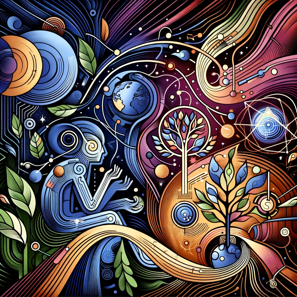 DALL·E 2023-11-13 12.32.28 – Create a vibrant abstract illustration with the style, lines, and colors of the previous artwork, focusing on a dialogue-centered scene. This scene sh DALL·E 2023-11-13 12.32.28 - Create a vibrant abstract illustration with the style, lines, and colors of the previous artwork, focusing on a dialogue-centered scene. This scene sh